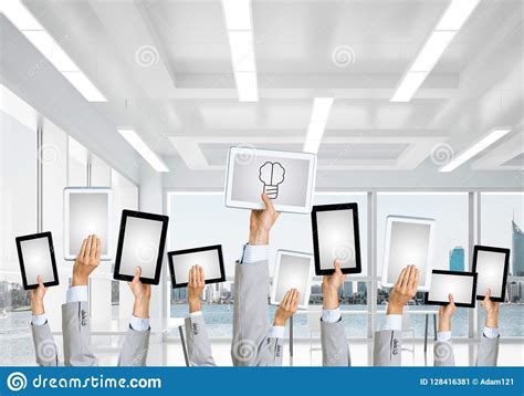 Close Of Businessman Hands In Line Showing Tablet Pc With Blank Screen