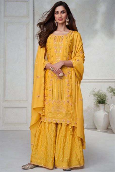 Yellow Chinon Silk Designer Palazzo Suit Salwar Kameez Designer