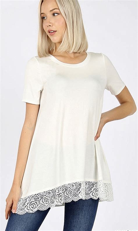 Sky Short Sleeve Top With Lace Hi Low Lace Hem In Ivory [at5547s Ivory