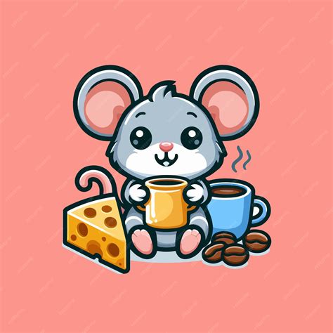 Cute mouse holding cheese in coffee cartoon vector icon illustration