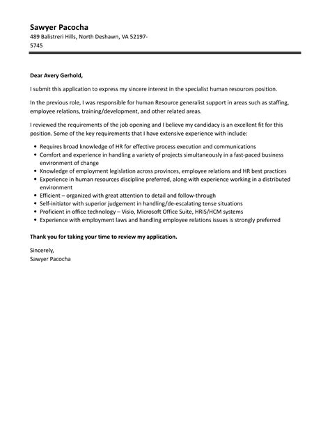 Specialist Human Resources Cover Letter Velvet Jobs