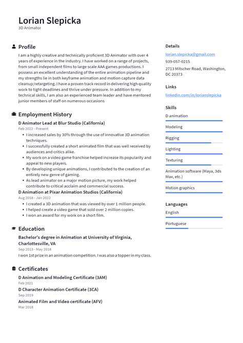 3D Animator Resume Example And Writing Guide ResumeLawyer