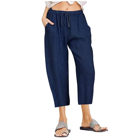 Hahahappy Capris Pants For Women Drawstring Summmer Cotton Linen Pants Women Wide Leg Hight