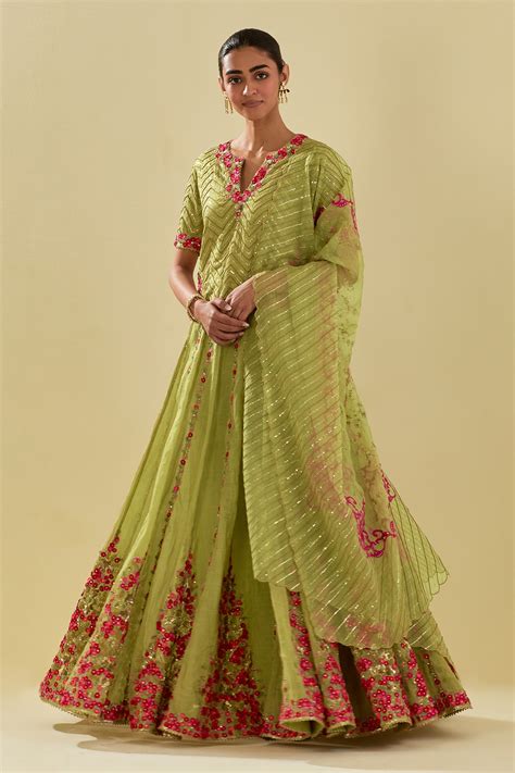 Buy Green Blouse And Lehengatissue Floral Applique Embellished Lehenga Set For Women By Kora