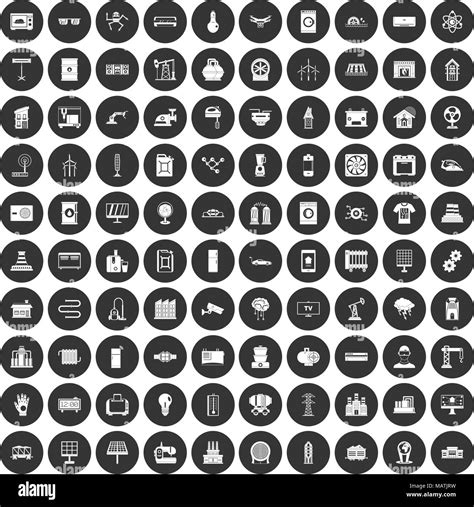 100 Electrical Engineering Icons Set Black Circle Stock Vector Image