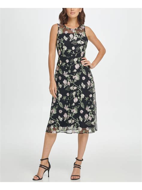 Dkny Womens Black Floral Sleeveless Jewel Neck Below The Knee Evening