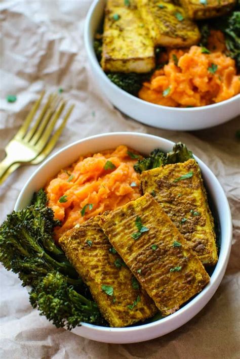 Vegan Turmeric Tofu Steak Bowls With Sweet Potato Mash Tofu Steak Veggie Dinner Mashed Sweet