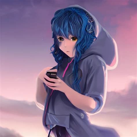 Anime Girl With Wavy Blue Hair In A Hoodie Holding Mobile Phone