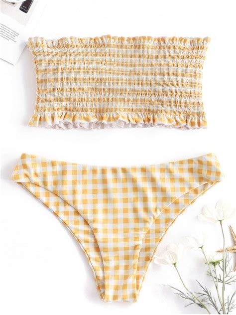 Zaful Gingham Frilled Smocked Bikini Set Bright Yellow S Sexy Summer