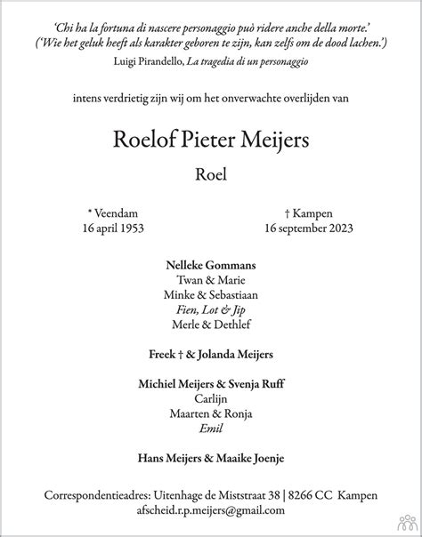 Roelof Pieter Roel Meijers 16 09 2023 Overlijdensbericht En