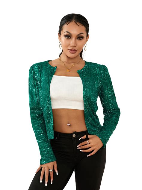 Centuryx Women Sequin Jacket Long Sleeve Cropped Zipper Up Party Glitter Bomber Sparkly Jackets