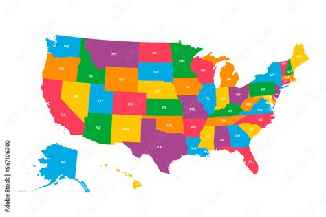 USA Map With Geographical State Borders And State Abbreviations United