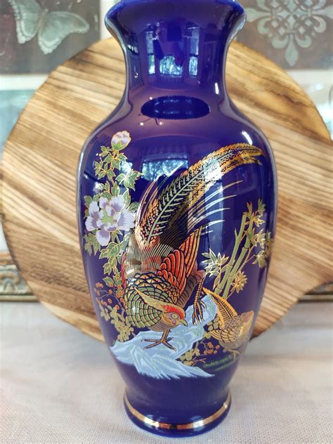 Vintage Japanese Cobalt Blue Vase With Pheasants And Flowers Etsy