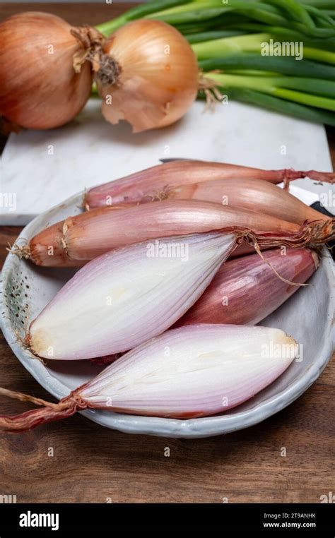 French Long Pink Shallots Grappe Onion From Brittany France Close Up