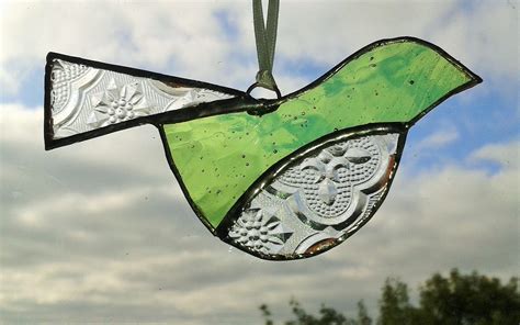 Stained Glass Bird Suncatcher Pale Green and Clear Embossed - Etsy