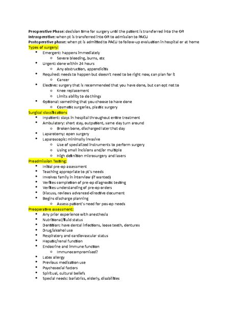 Preoperative Phase Pre Op And Post Op Notes For Nursing 350 Med