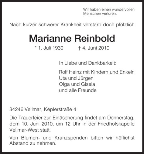 Traueranzeigen Von Marianne Reinbold Trauer HNA De