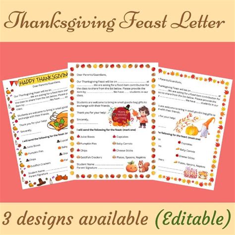 Editable Thanksgiving Feast Letter To Parents 3 Designs Powerpoint