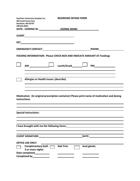 Boarding Intake Form Raynham Veterinary Hospital Fill Out Sign
