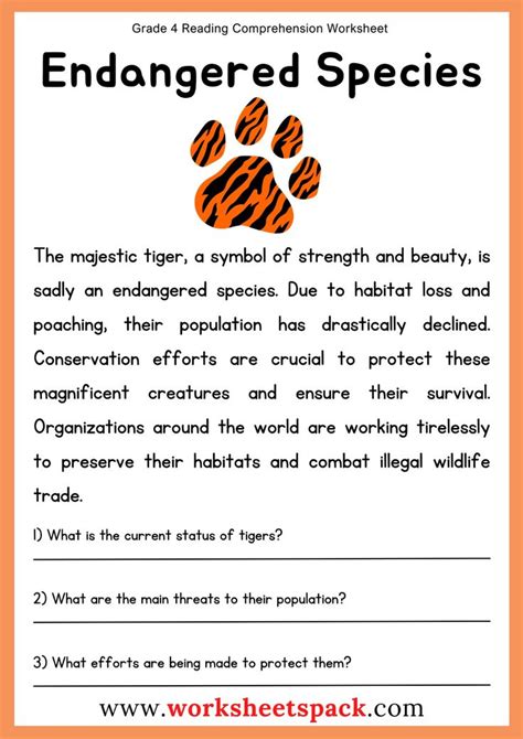 Endangered Species Reading Comprehension Worksheet For 4th Graders