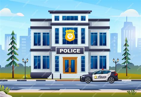 Premium Vector Police Station Building With Patrol Car And City Landscape Vector Cartoon