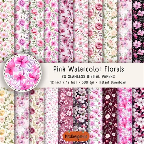 20 Pink Watercolor Floral Printable Paper Seamless Shabby Chic