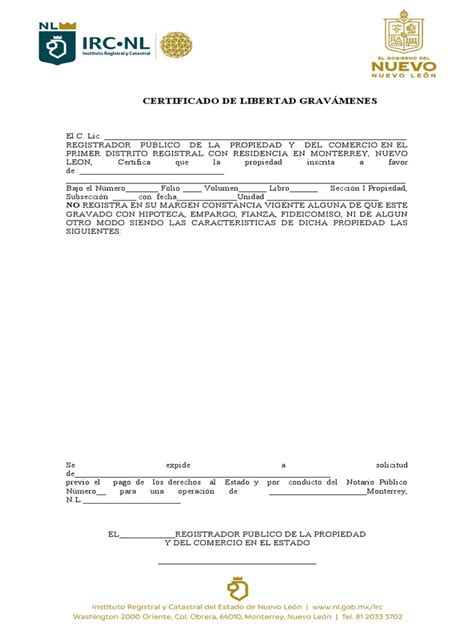 Certificado De Libertad De Gravamen Ircnl 2021 0 Pdf
