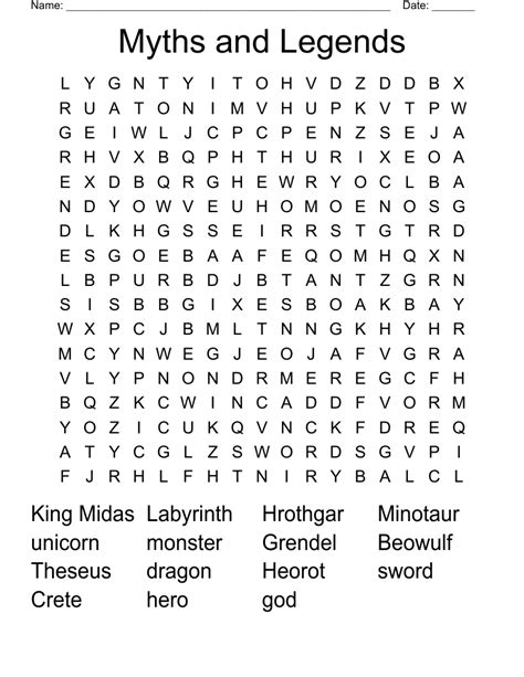 Myths And Legends Word Search Wordmint