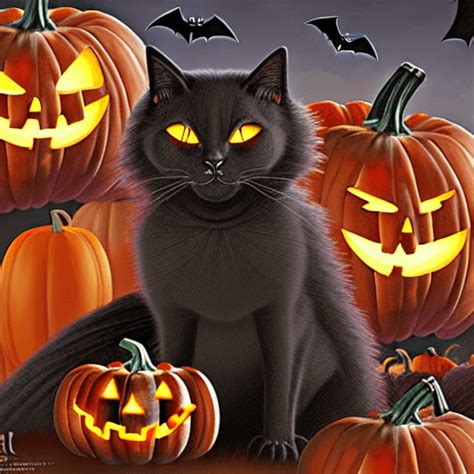 Halloween Scene With Black Cat Pumpkin And Bats Creative Fabrica