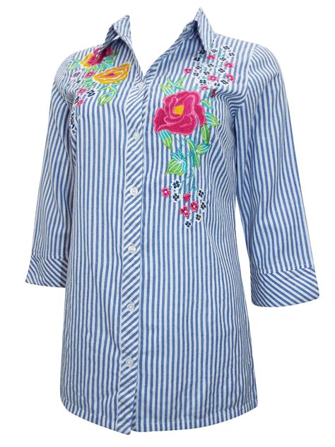 Bader B4der Blue Floral Embroidered Striped Shirt Size 10 To 26