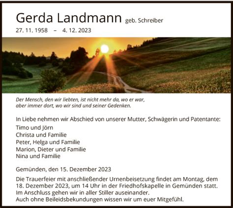 Traueranzeigen Von Gerda Landmann Trauer HNA De