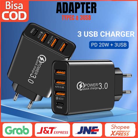 Jual Adapter Charger Usb Travel Charger Quick Charging Type C 2pd3usb Kepala Charger Pd 20wqc3