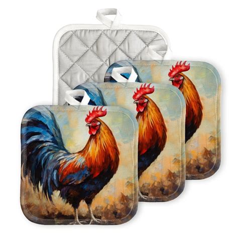 Bahomeck Pot Holder Pcs Vibrant Oil Painting Of Elegant Rooster Square Heat Resistant Hot Pads