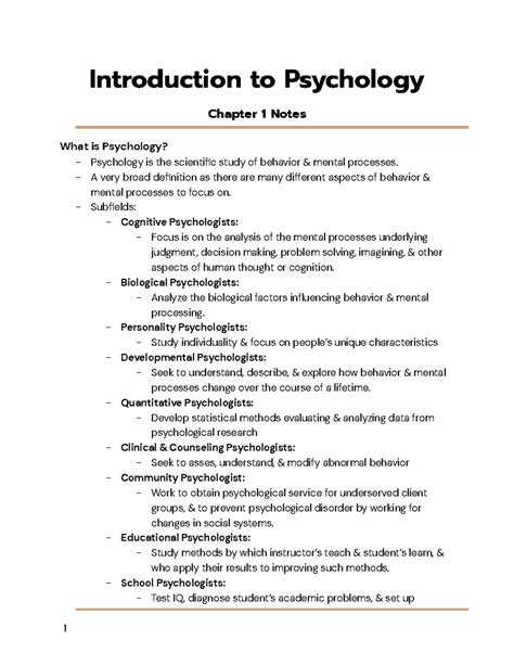 Introduction To Psychology Chapter 1 Notes A Very Broad Definition