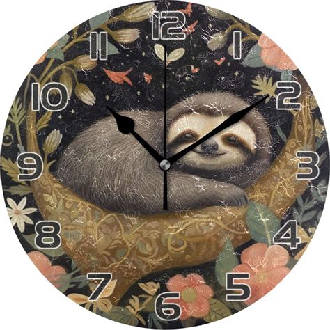 Sloth On Tree Flowers Wall Clock Round Vintage Silent Non Ticking