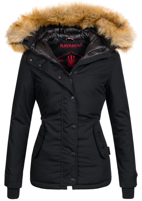 Navahoo Warme Damen Winter Jacke Mit Kunstfell B Schwarz Gr E M