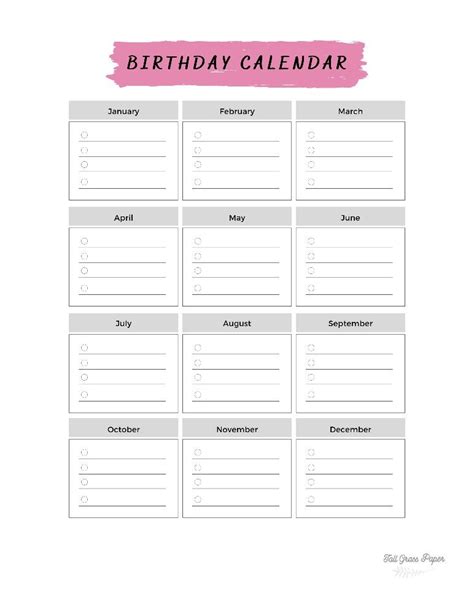 PDF Birthday Calendar Printable Template Important Date - Etsy Canada ...