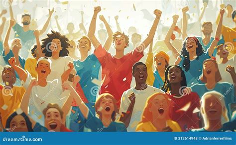 Animated Crowd Celebrating At A Sports Event Illustrated In A Vibrant