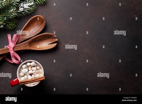 Christmas Background With Fir Tree Hot Chocolate And Marshmallow Top View With Copy Space
