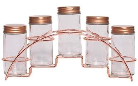 Porta Tempero 5 Potes De Vidro Suporte Aramado Rose Gold