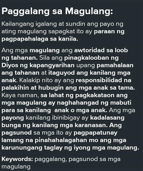 Paraan Ng Pagpapakita Ko Sa Paggalang At Pagsunod Sa Aking Magulang