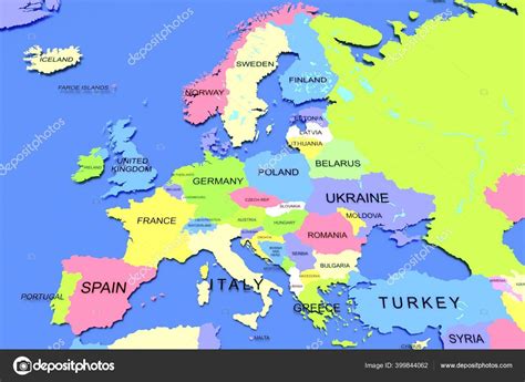 Three Dimensional Rendered Map Europe Country Names Stock Photo