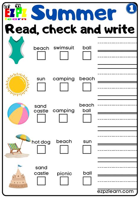Summer Read Check and Write activity for kids set 1 - Ezpzlearn.com