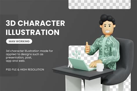 Premium Psd 3d Male Character Working Using Laptop Freelancer 3d