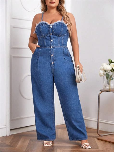 SHEIN Privé Plus Button Front Denim Jumpsuit SHEIN USA