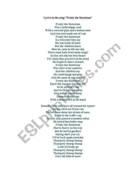 Printable Lyrics To Frosty The Snowman