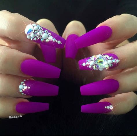 Deep Fuchsia With Pearls And Rhinestonesv Purple Nails Crystal Nails