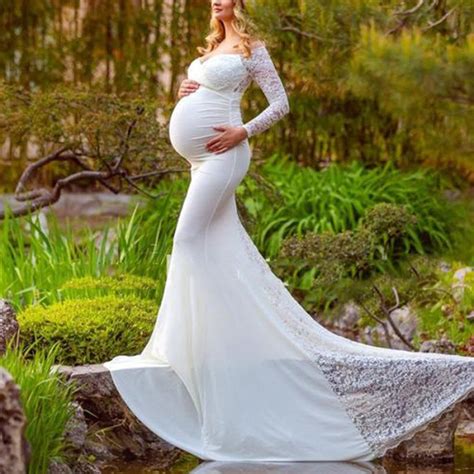 Maternity White Lace Stitching Off Shoulder Long Sleeve Photo Dress