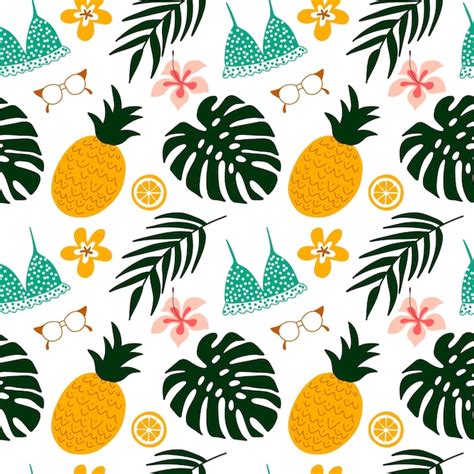 Premium Vector Summer Cute Seamless Pattern With Pineapple Swimsuit Bikini Sunglasses Hand
