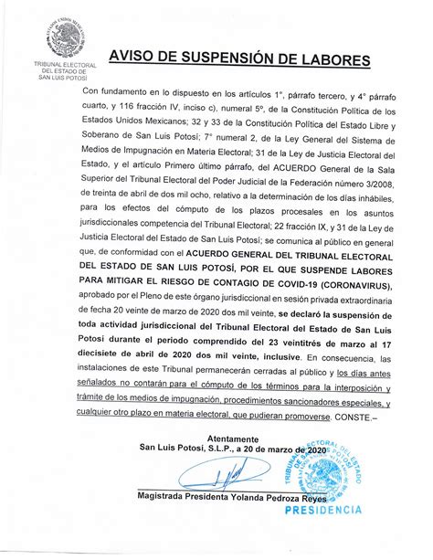 Aviso de suspensión de labores COVID 19 Tribunal Electoral del Estado